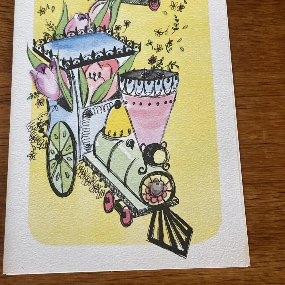 Vtg Stanley Train Rhinestone Spring Pastel Happy Easter Greeting Card